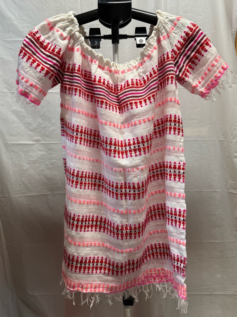 Lemlem Off Shoulder Tunic Coverup Dress White Pink Fringe Cotton Blend